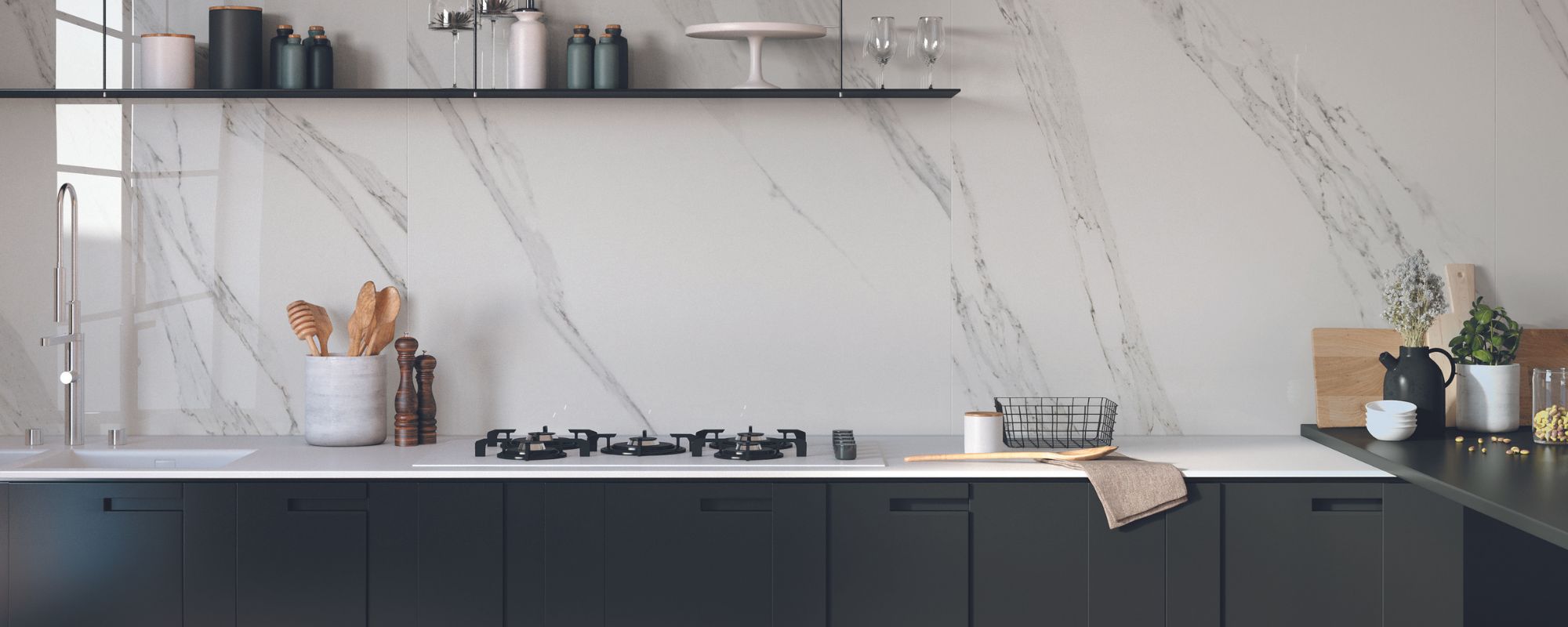 White Marble Effect Kitchen Tiles