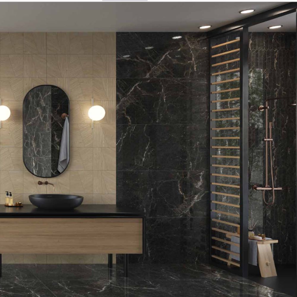 Night tunder sugar crush marble effect tile bathroom