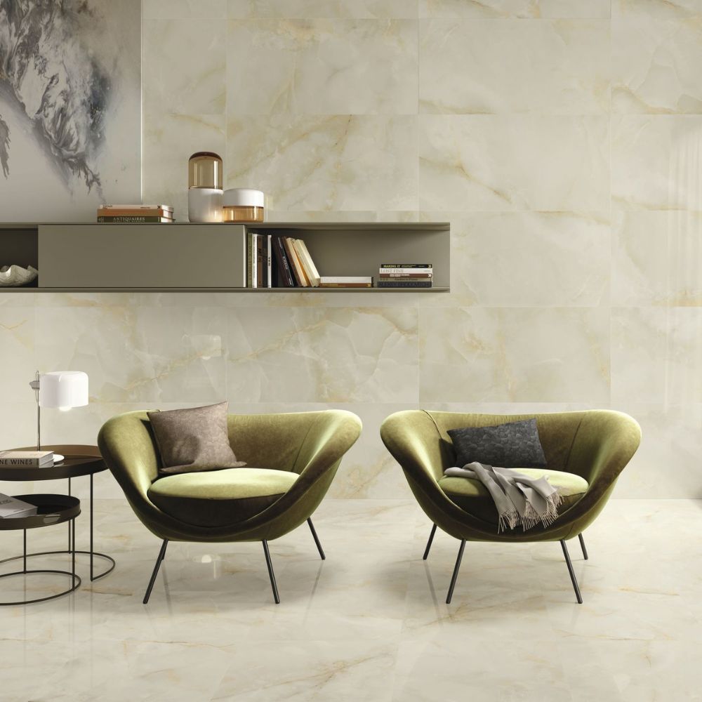 Quintos Cream Pulido 120 x 120cm Onyx Effect Tile Living Room Floor and Wall