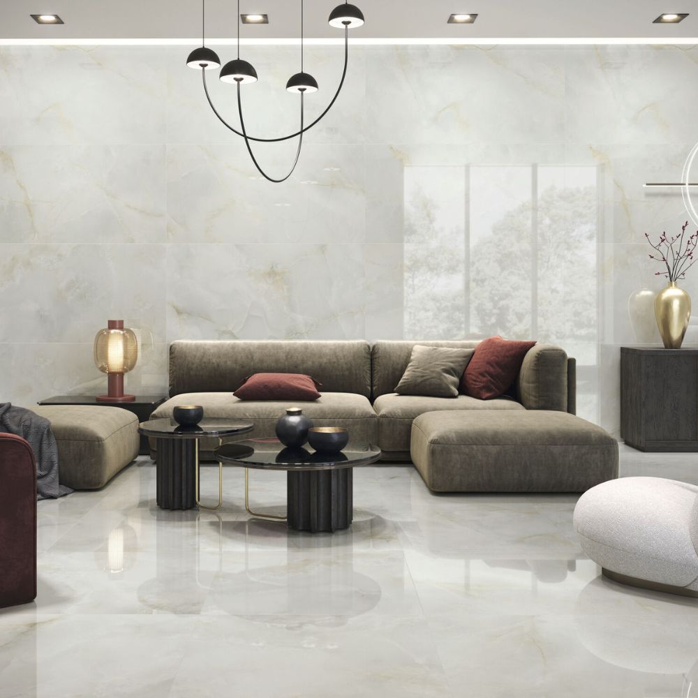 Quintos Silver Pulido 60 x 120cm Onyx Effect Tile Living Room Floor and Wall