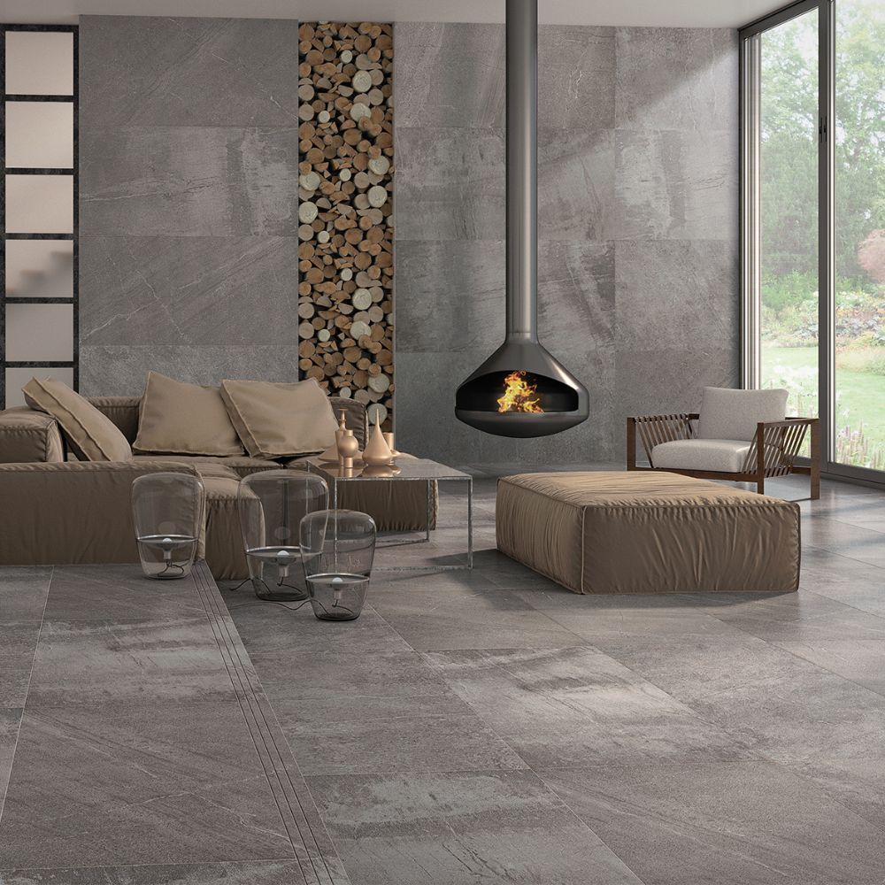 Ray Band Basalt 30 x 60cm Stone Effect Floor and Wall Porcelain Tile Living Room Floor and Wall