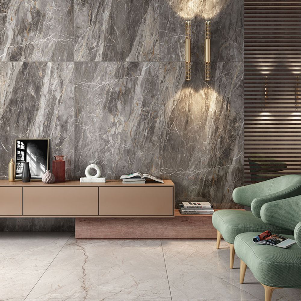 Space Grey Polished Stone Effect Porcelain Tile Living Room Wall