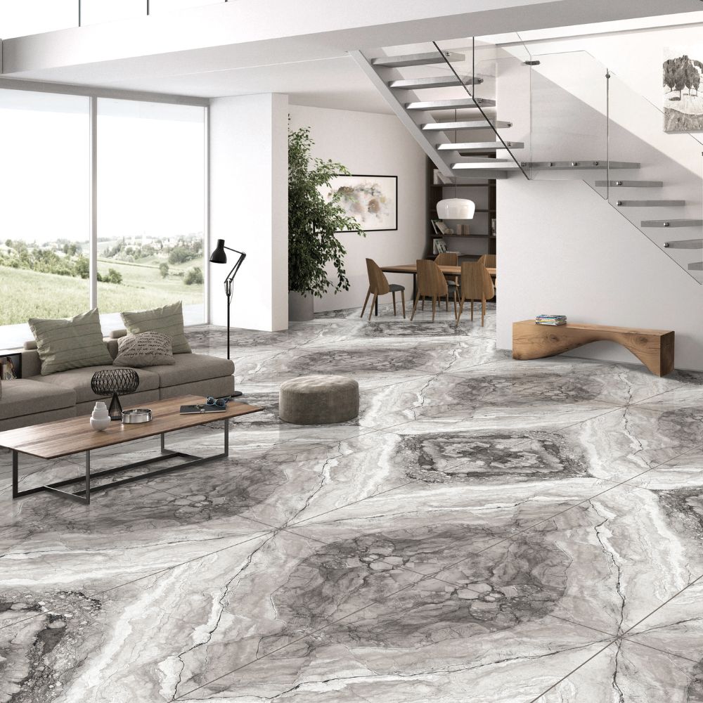 Statuario Tundra Bookmatch 60 x 120cm Polished Porcelain TIle Living Room Floor